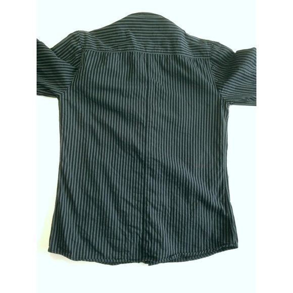 Men vtg New Wave Black & Gray Stripes Shirt Flip Cuffs Epaulettes MEDIUM -fitted - Picture 6 of 7
